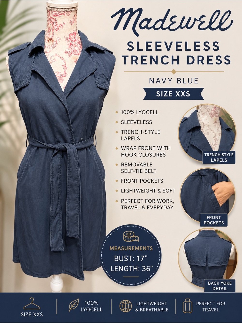 Madewell Sleeveless Navy Shirt-Style Midi Dress or Sleeveless Trench Coat Sz XXS